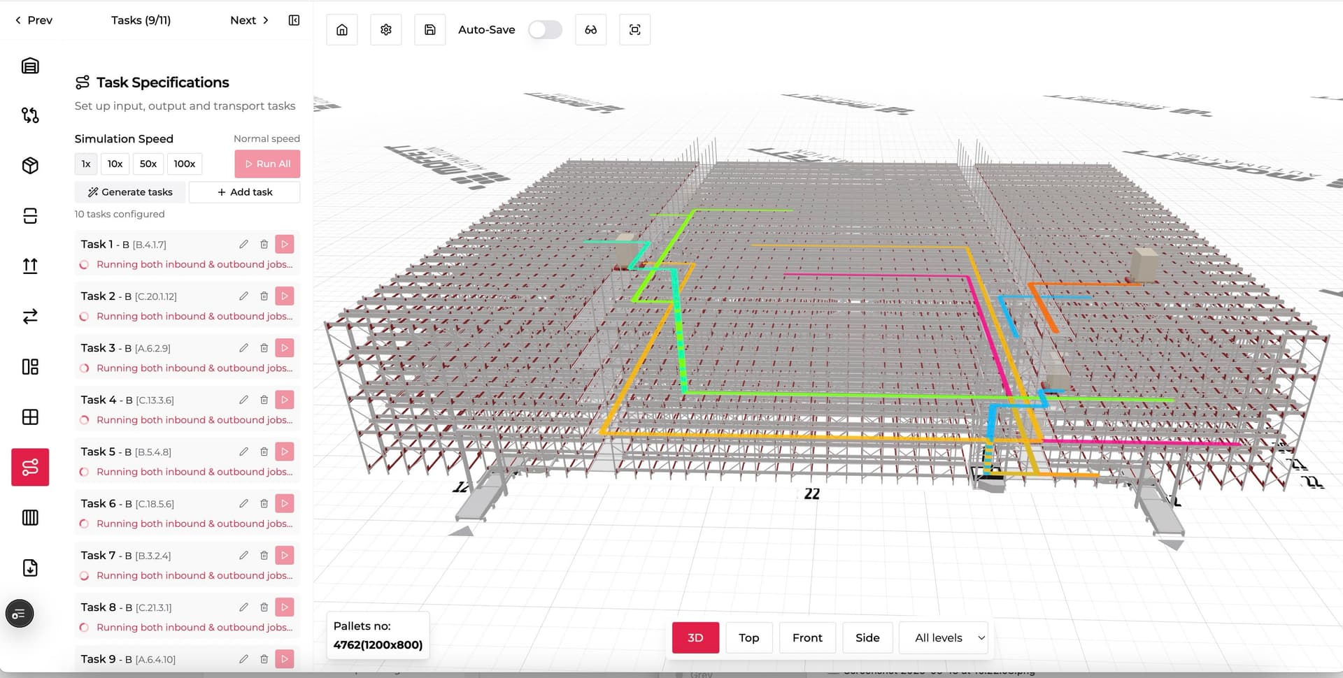 ProSim3D ASRS Configurator showing advanced cycle time calculations for 4-Way Shuttle systems